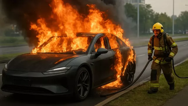 Hasič se snaží uhasit požár moderního vozu
